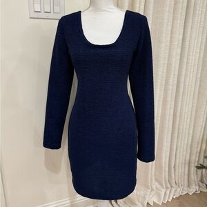 BCBGeneration Size Large Scoop Neck Fitted Long Sleeve Mini Blue Cocktail Dress